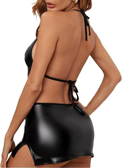 Moinha Damen Wetlook Leder Dessous V-Ausschnitt Minikleid sexy Clubwear