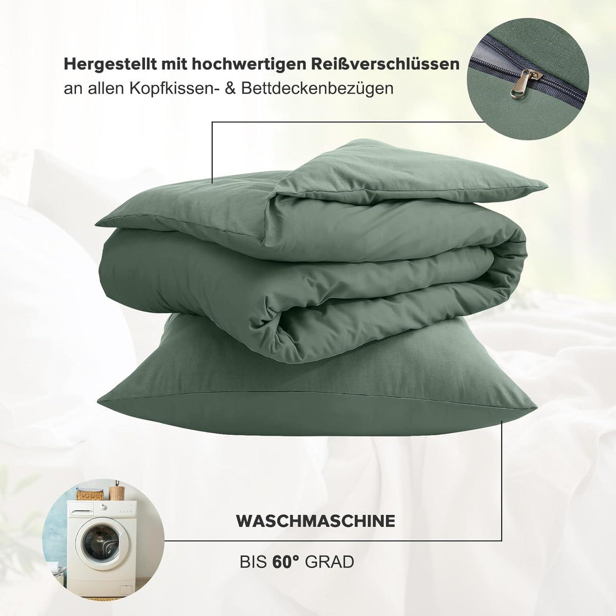 Bettwäsche 135x200 4tlg. Sets Mikrofaser Reißverschluss Salbei Grün