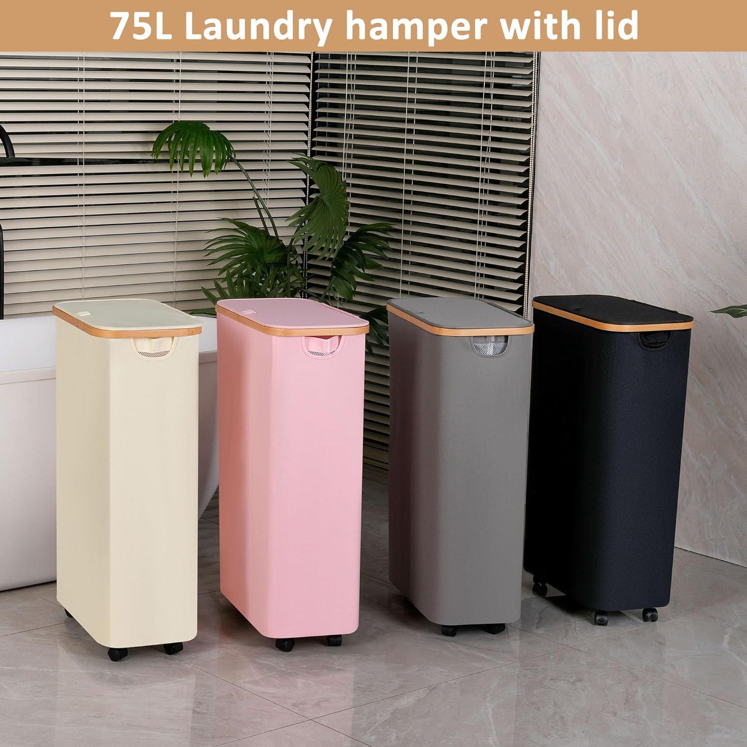 Wäschekorb mit Rollen 75L, Wäschesammler