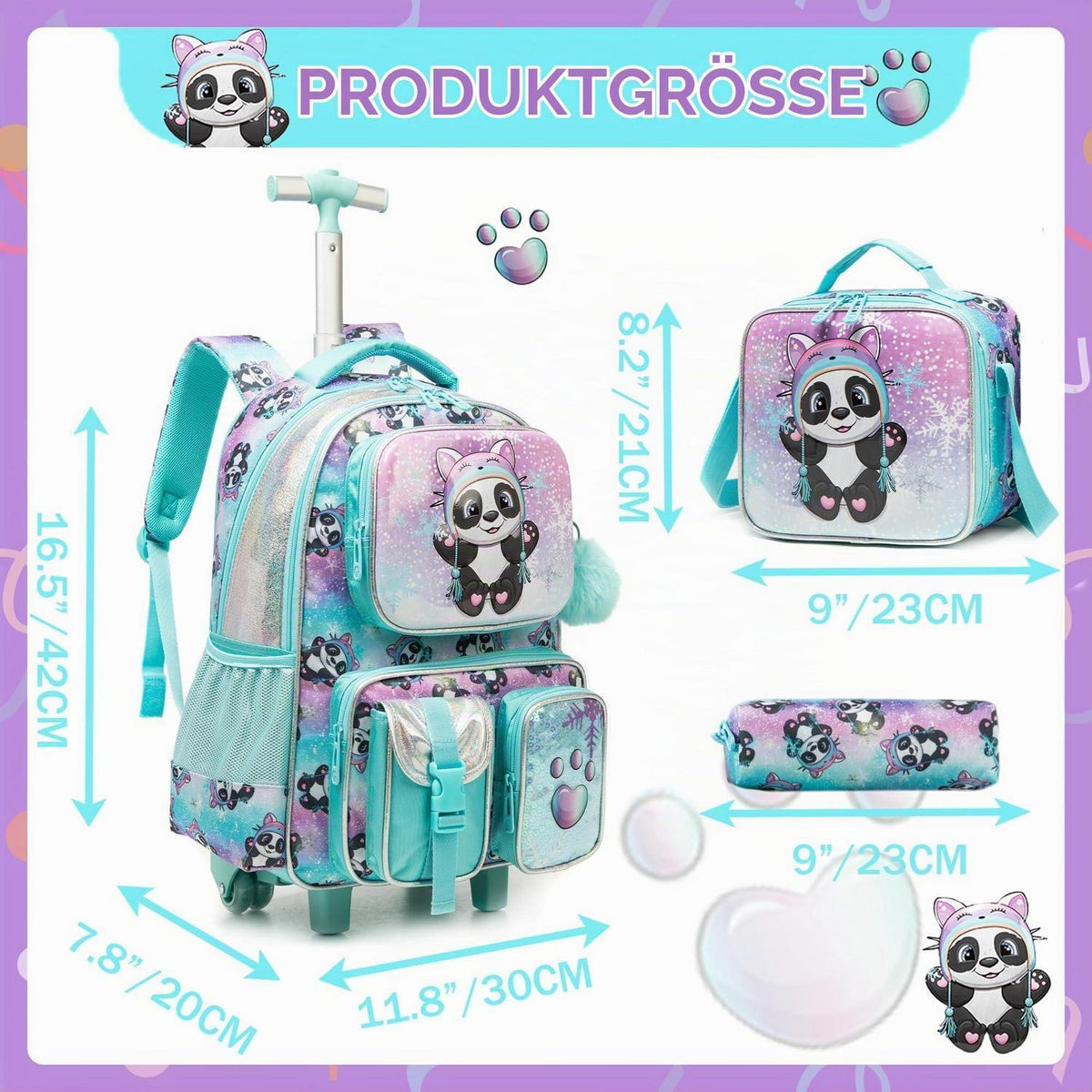 Kinder Trolley Rucksack Panda – Schultasche mit Rollen & Lunchpaket