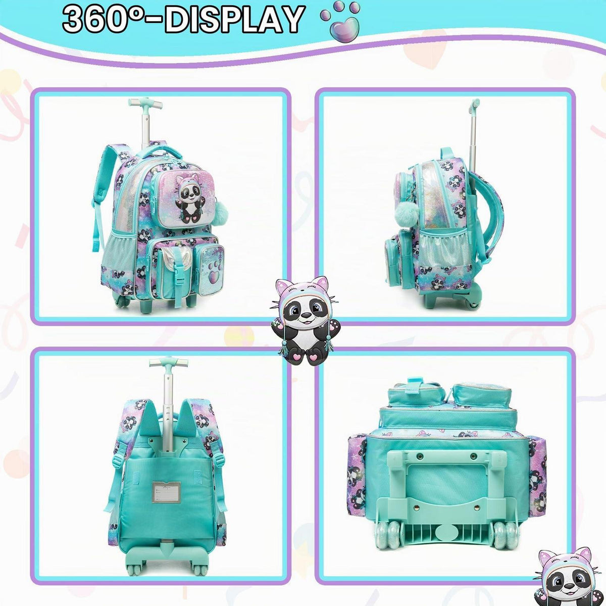 Kinder Trolley Rucksack Panda – Schultasche mit Rollen & Lunchpaket