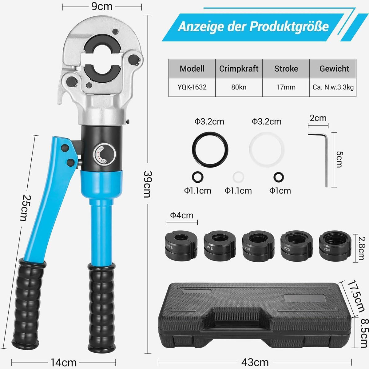 Hydraulik Presszange V-Kontur für Kupfer & Edelstahlrohr 12-28mm