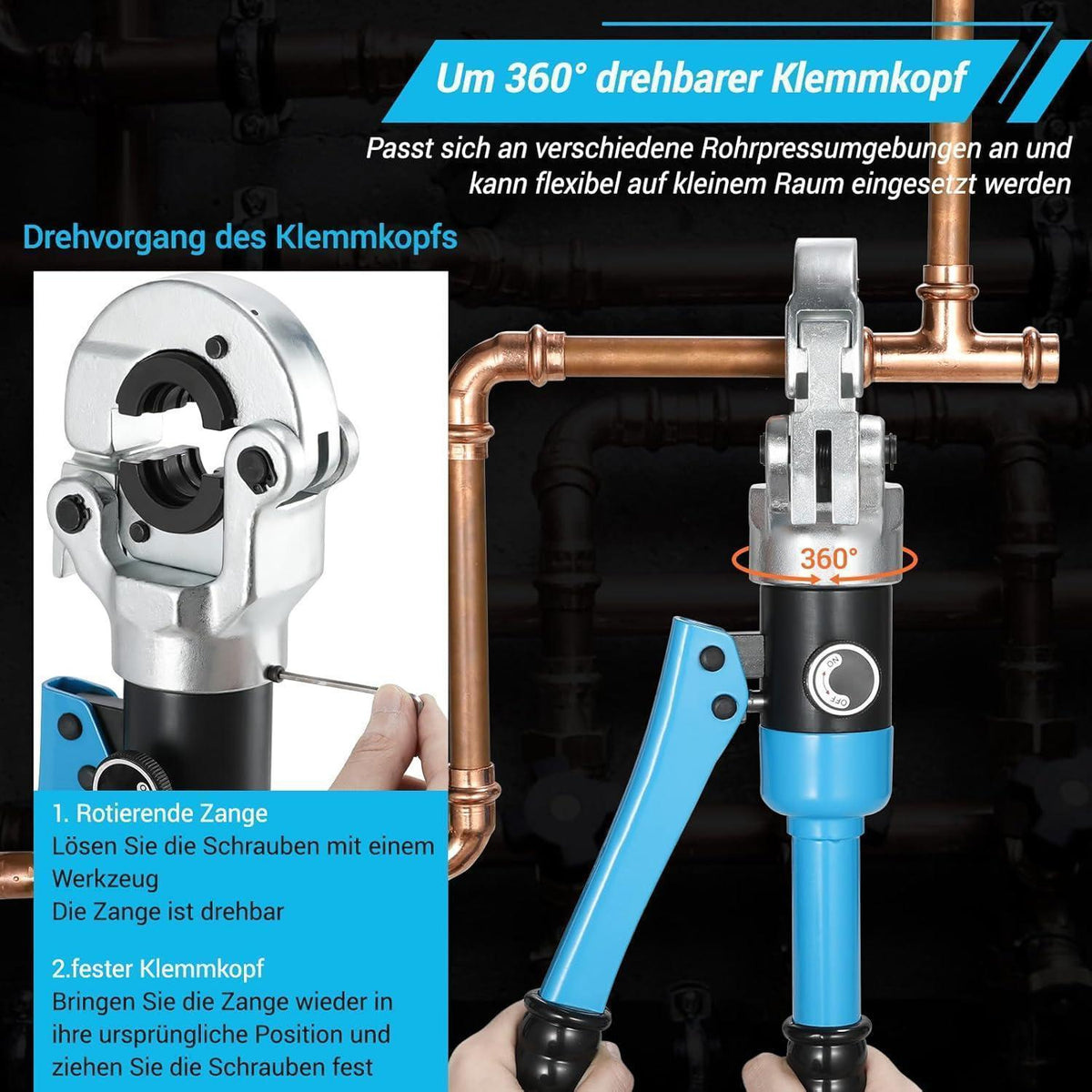 Hydraulik Presszange V-Kontur für Kupfer & Edelstahlrohr 12-28mm