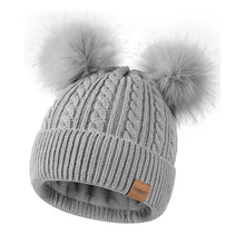Damen Wintermütze mit Doppelbommel, warme Strick Beanie mit Fleece-Futter Grau