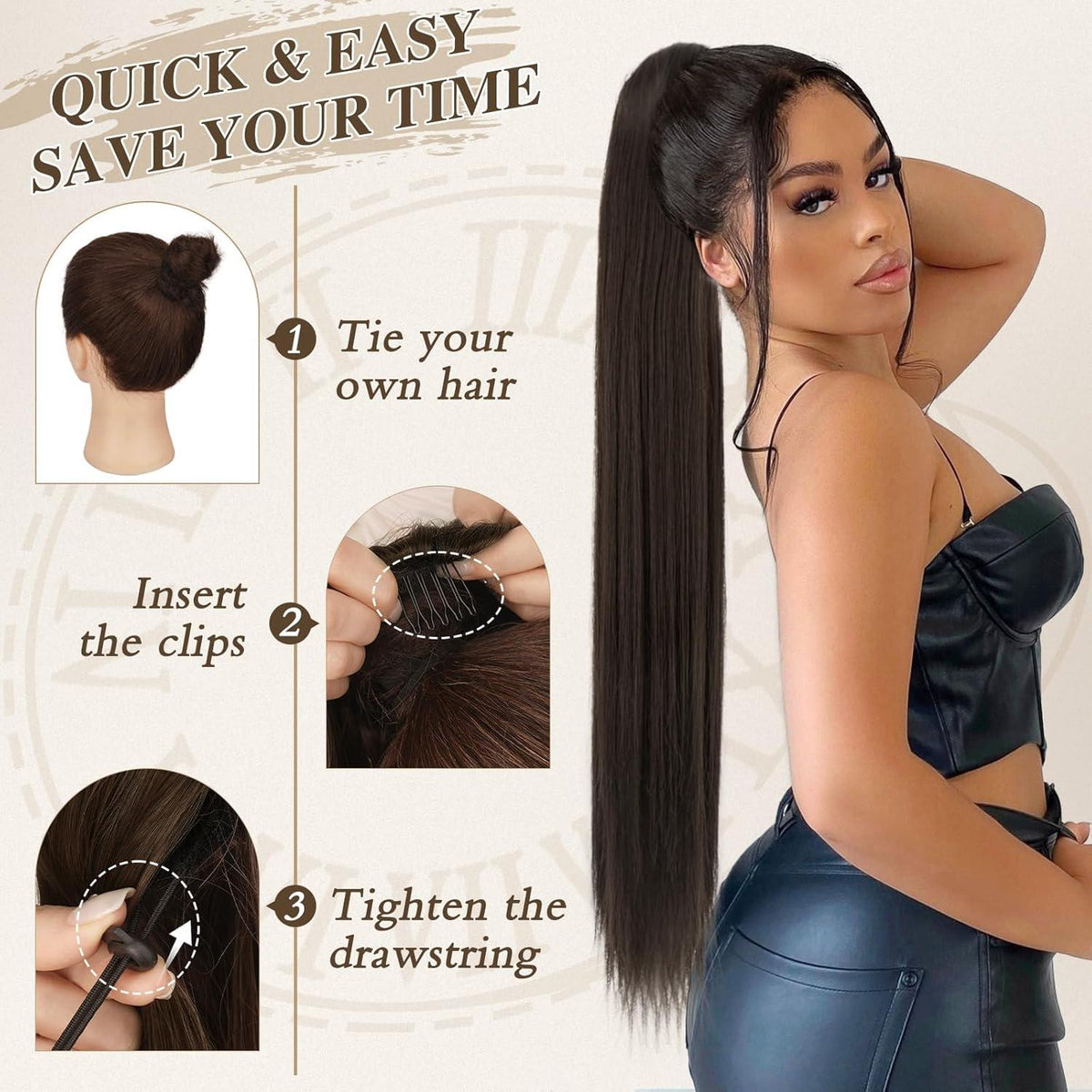 Braune Pferdeschwanz Verlängerung 76CM Lang Haar Synthetik Clip Zopf