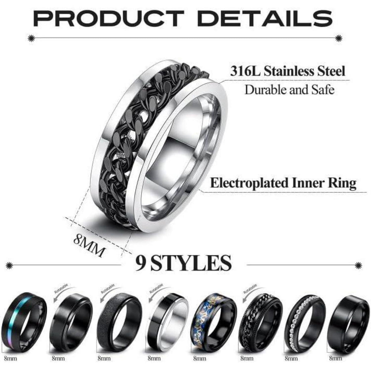 9er Edelstahl Ringe Set Herren Vintage Spinner Ringe Schwarz Silber