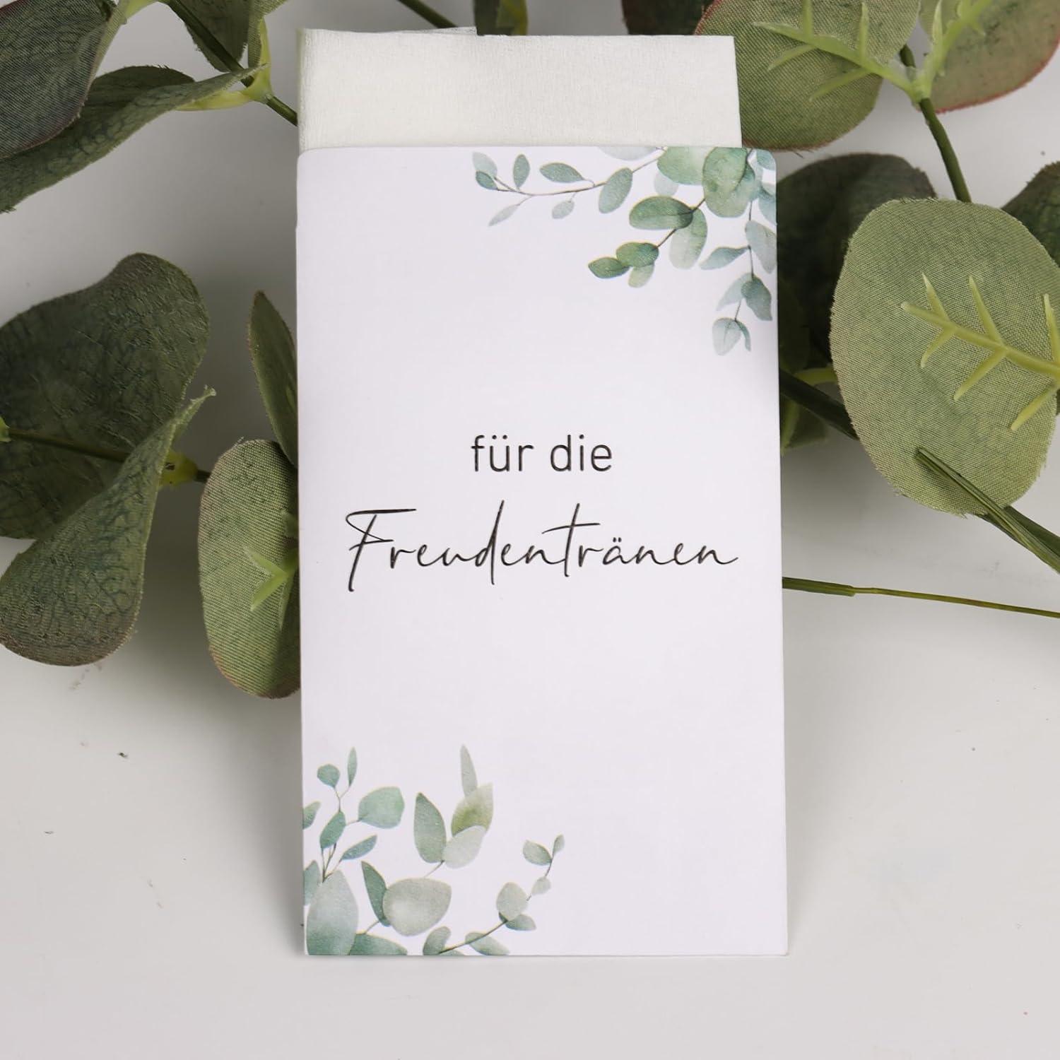 BETESSIN 50x Hochzeit Taschentuch Tüten Eukalyptus Design - Umweltfreundliche Papiertüten für Freudentränen