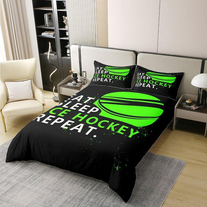 Eishockey Bettwäsche Set 200x200cm – Baumwolle, Grün & Puck Design