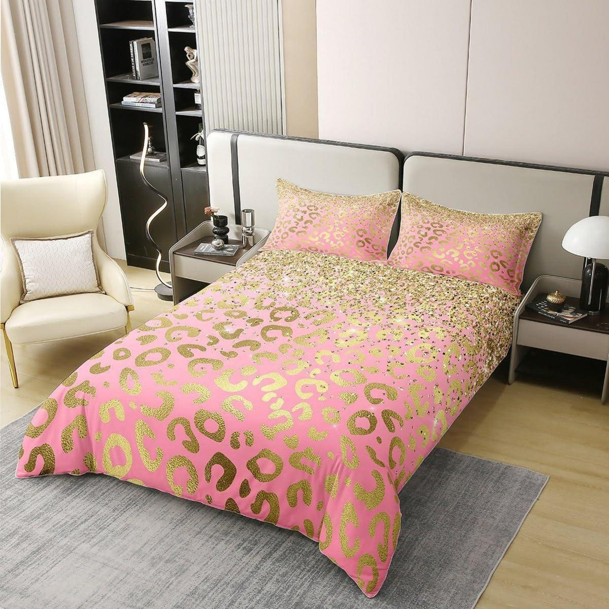 Leopard Bettwäsche Set 200x200cm Baumwolle Pastell Gold