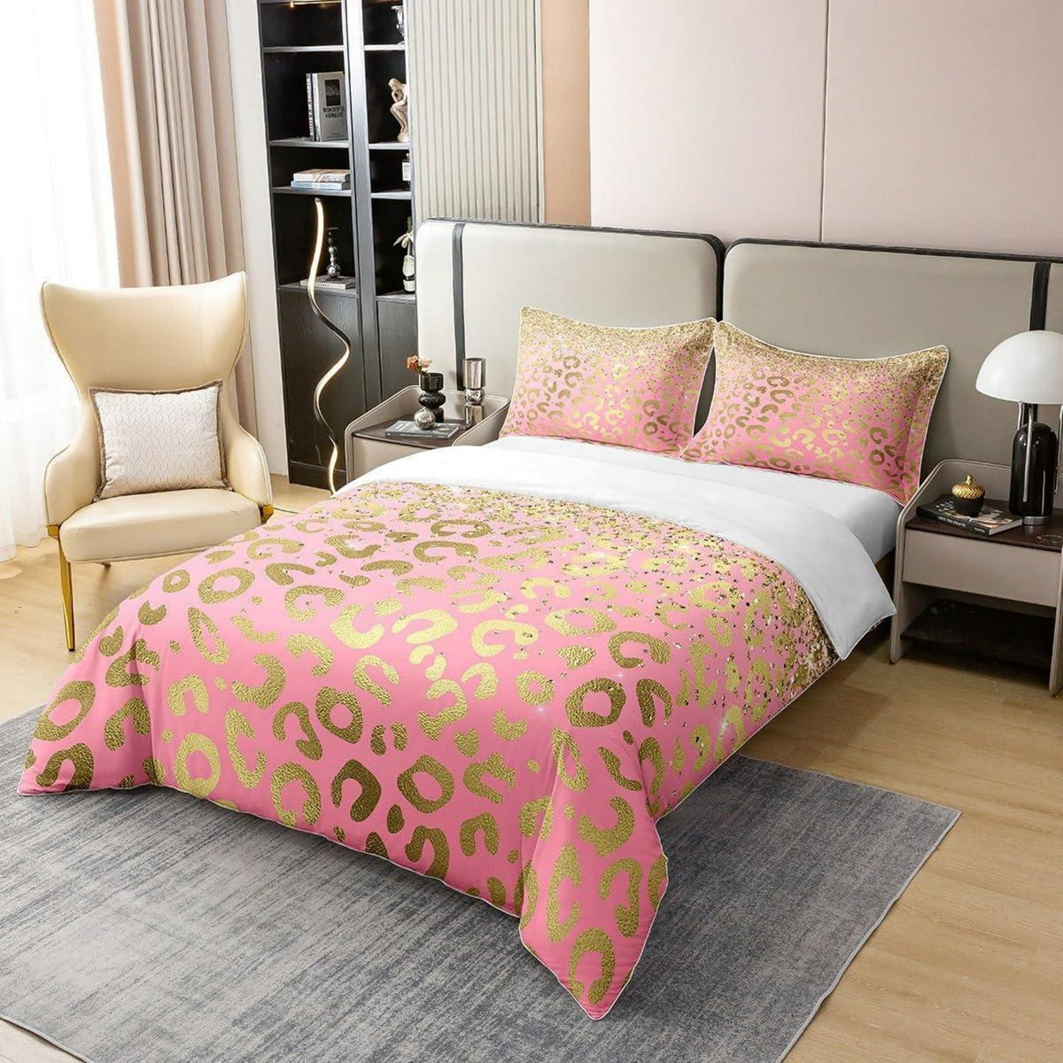 Leopard Bettwäsche Set 200x200cm Baumwolle Pastell Gold
