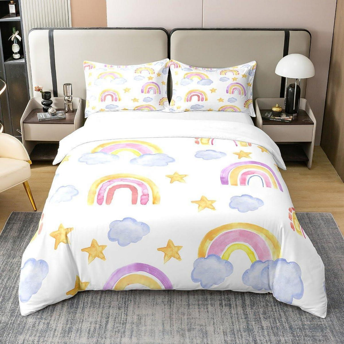 Regenbogen Bettwäsche Set 220x240cm Baumwolle Wolken Sterne Kinderzimmer