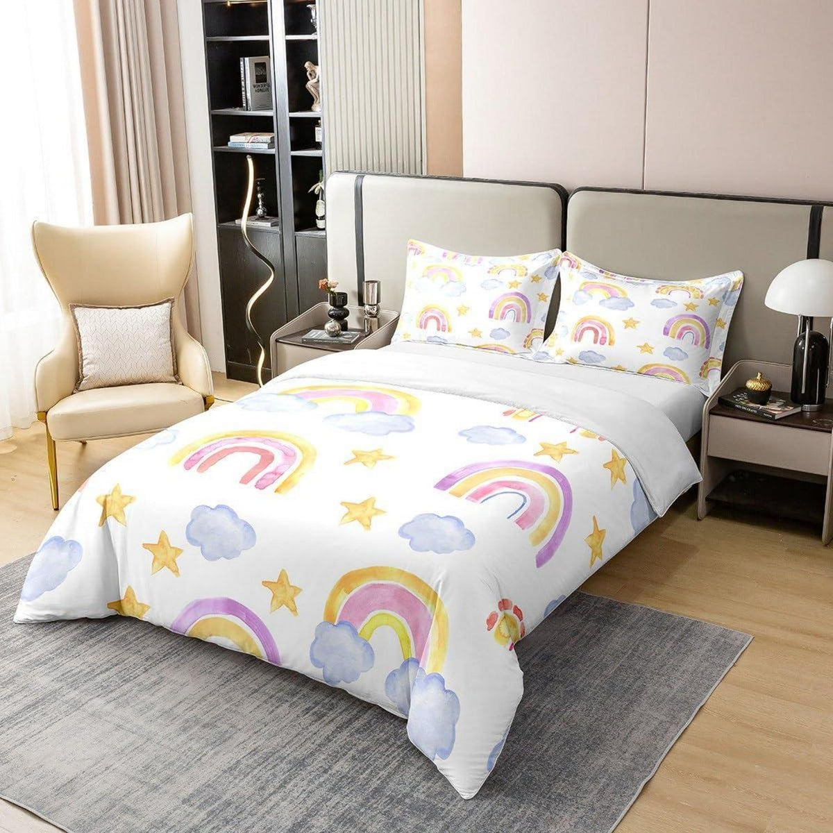 Regenbogen Bettwäsche Set 220x240cm Baumwolle Wolken Sterne Kinderzimmer