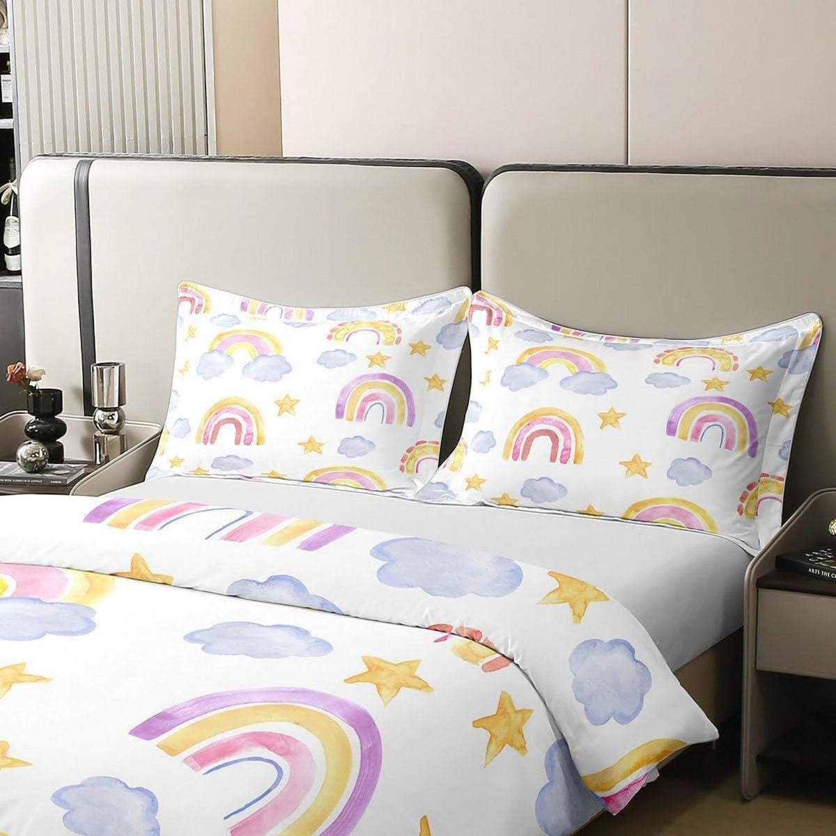 Regenbogen Bettwäsche Set 220x240cm Baumwolle Wolken Sterne Kinderzimmer