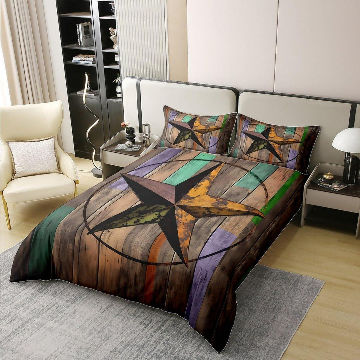 Rustikale Baumwoll Bettwäsche Set 135x200cm – Sternenmuster Vintage