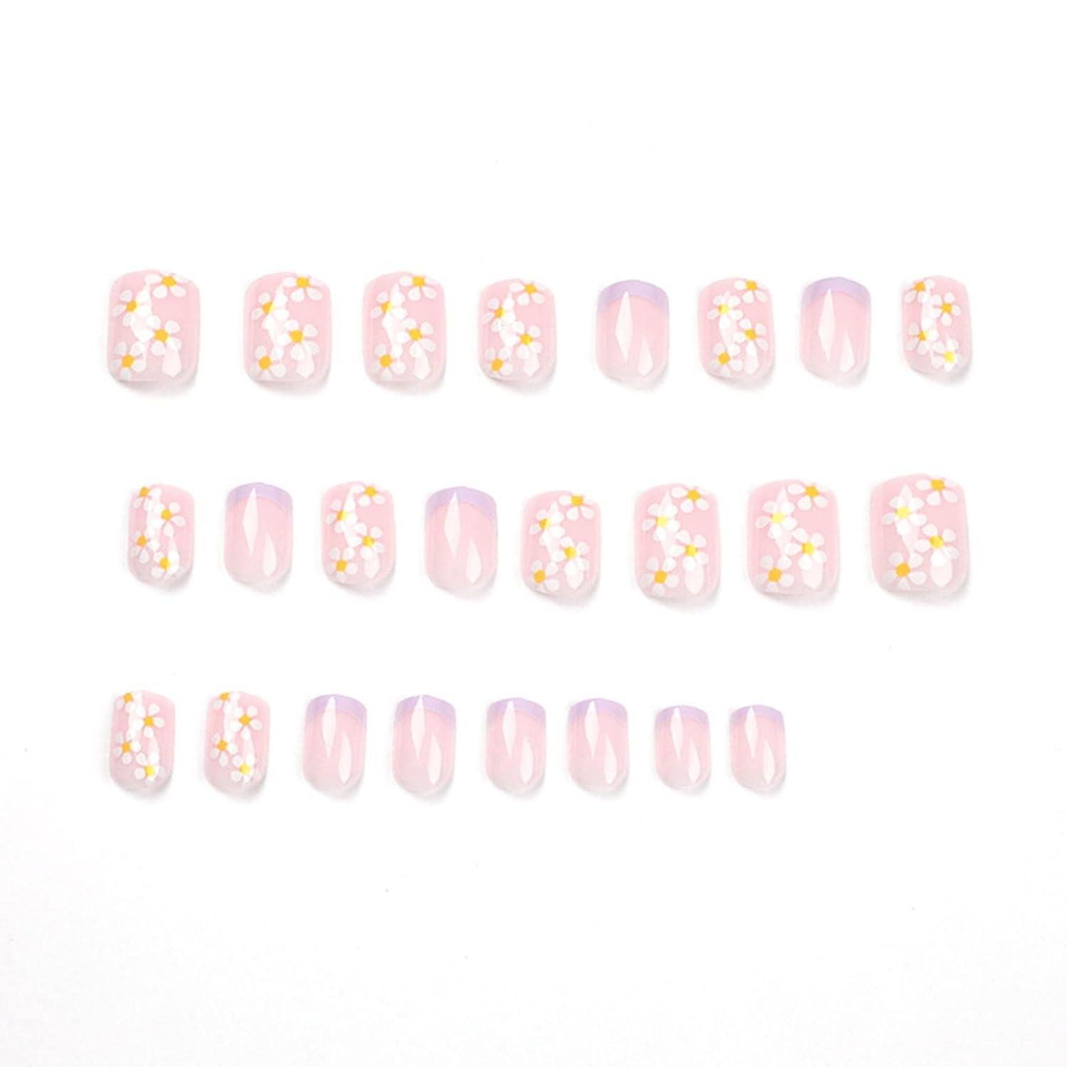 JUSTOTRY 24 Stück Weiße Blumen Nägel Kurz Lila Eckig Press on Nails Glossy Kunstnägel Fingernägel
