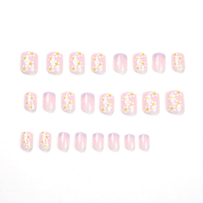 JUSTOTRY 24 Stück Weiße Blumen Nägel Kurz Lila Eckig Press on Nails Glossy Kunstnägel Fingernägel