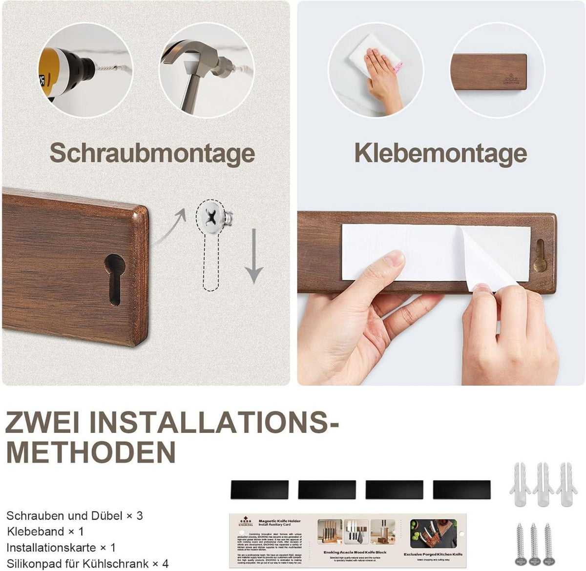 26cm Magnetleiste Messer Selbstklebend Akazienholz Magnethalter