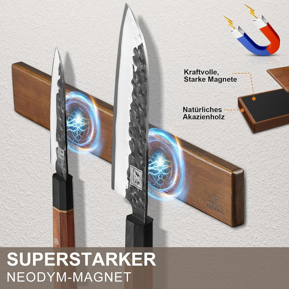 Magnetleiste Messer Selbstklebend Akazienholz 40 cm Magnetisch Stark