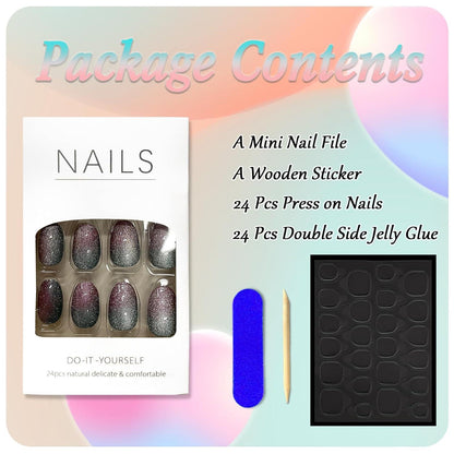 24 Stk. Mandel Nägel Katzenauge Kurz Fingernägel Acryl French Press on Nails