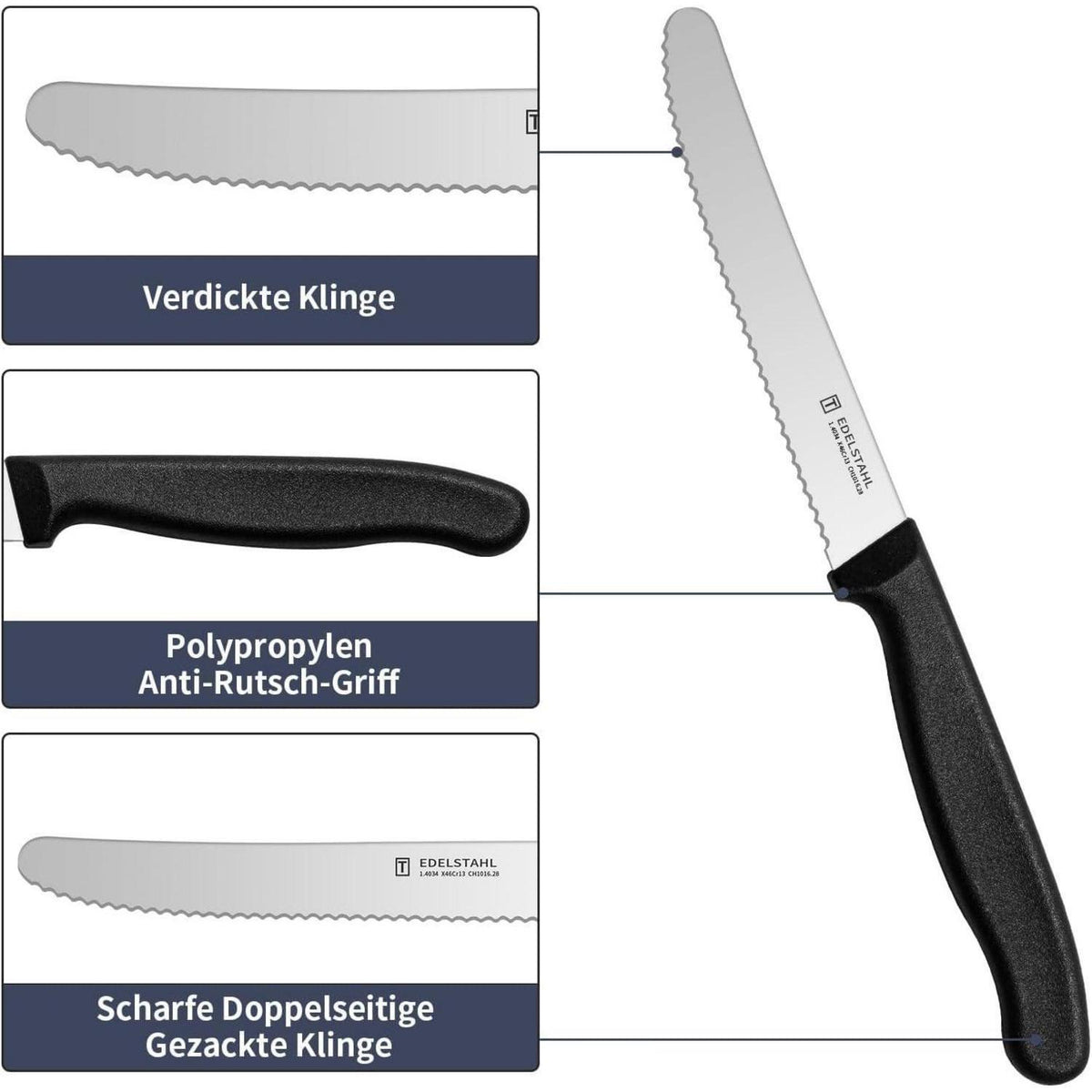 12er Set Wellenschliff Tafelmesser aus Edelstahl, Schwarz
