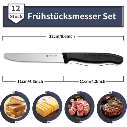 12er Set Wellenschliff Tafelmesser aus Edelstahl, Schwarz