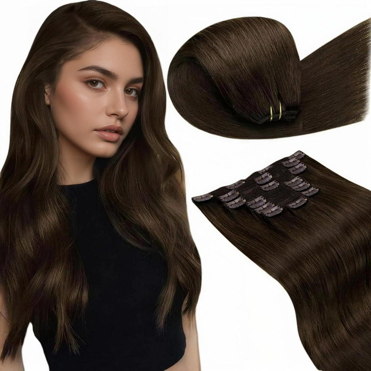 Clip-in Haarverlängerung Dunkelbraun Echthaar 55cm
