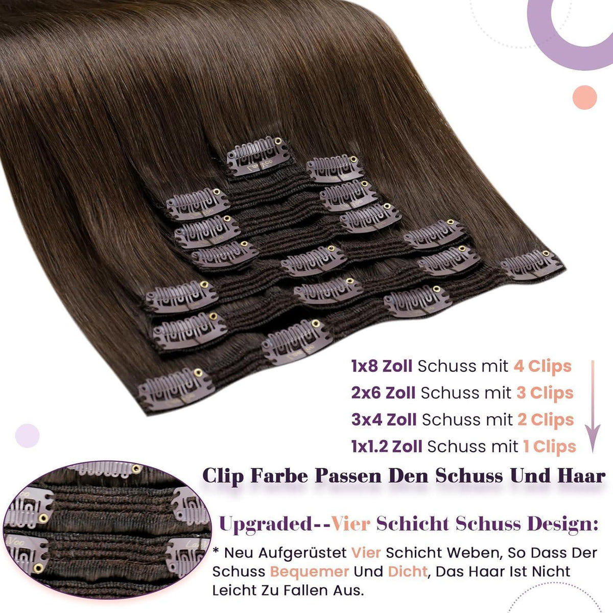 Clip-in Haarverlängerung Dunkelbraun Echthaar 55cm