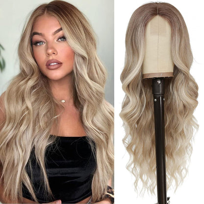 Lange Ombre Blond Wellig Perücke 66cm – Natürliche Synthetik Perücke