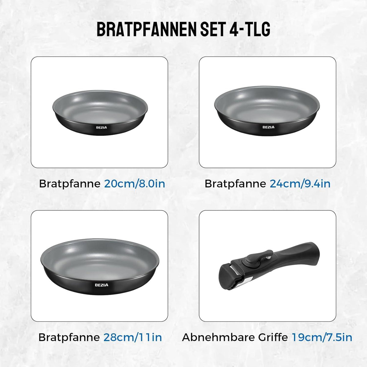 Pfannenset mit abnehmbarem Griff, Keramikbeschichtung, alle