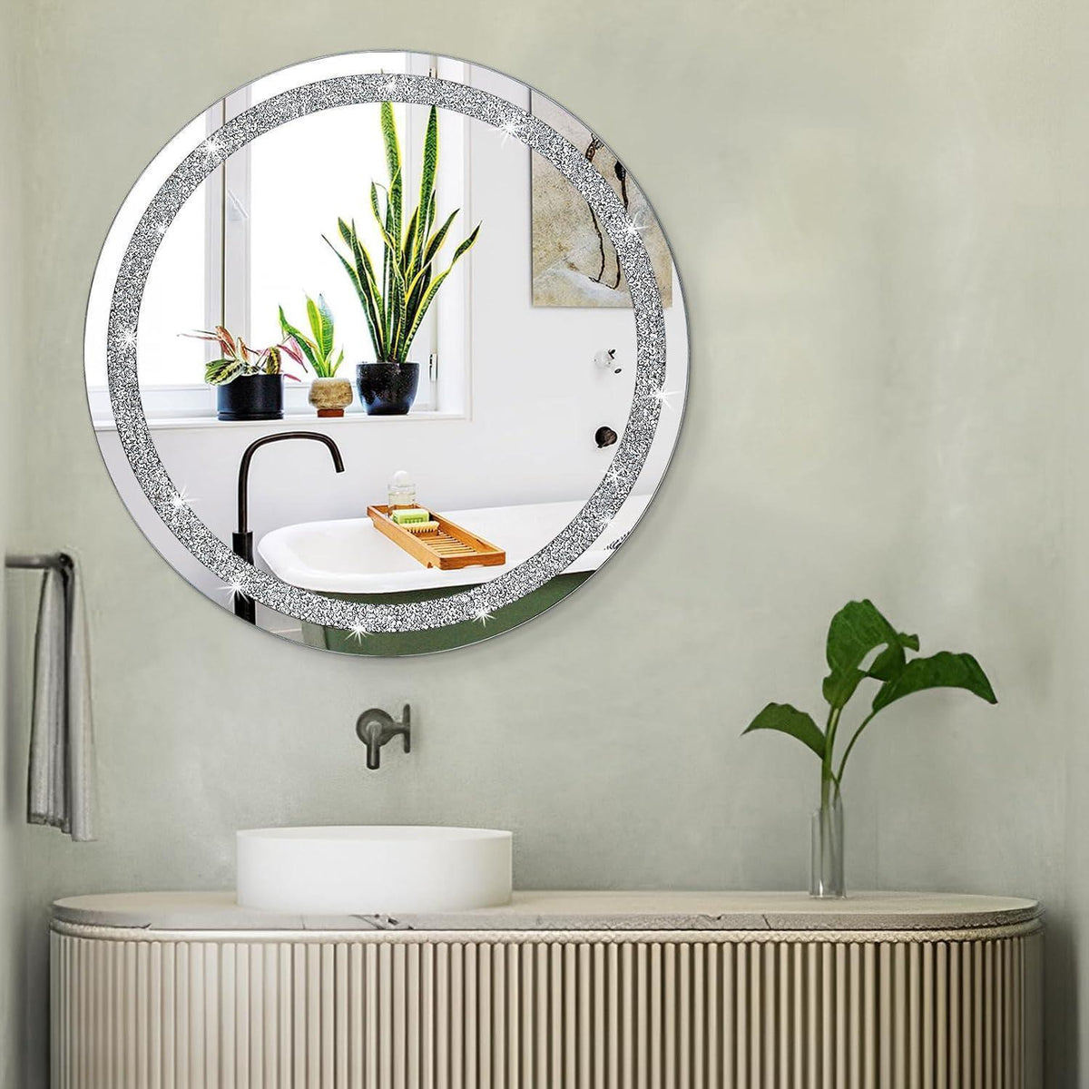 Kristall Diamant Spiegel Rund Rahmenlos Silber Wanddeko 60x60cm