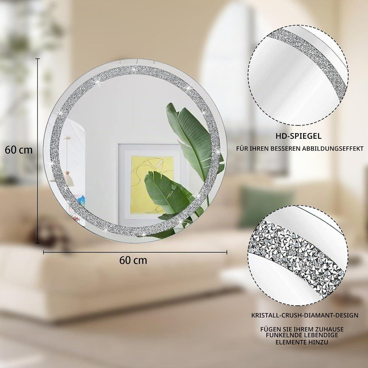 Kristall Diamant Spiegel Rund Rahmenlos Silber Wanddeko 60x60cm