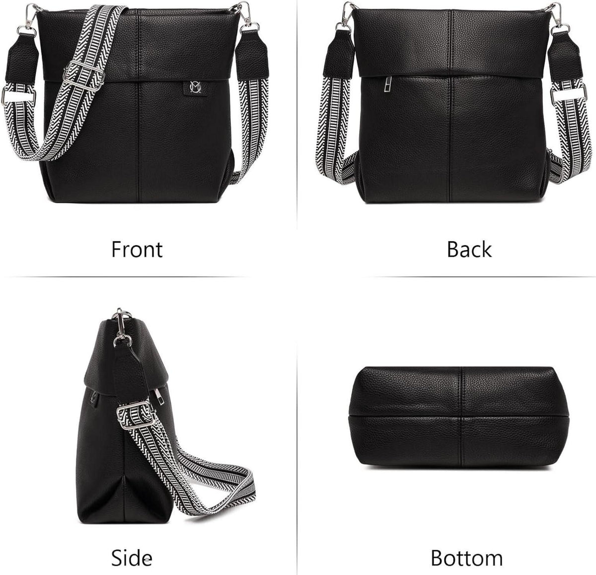 Damen Umhängetasche Mittelgroß Schwarz PU Leder Crossbody Bag mit 2