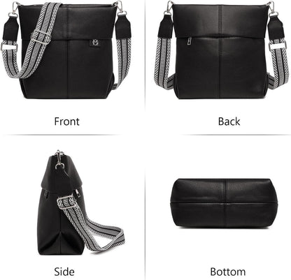 Damen Umhängetasche Mittelgroß Schwarz PU Leder Crossbody Bag mit 2