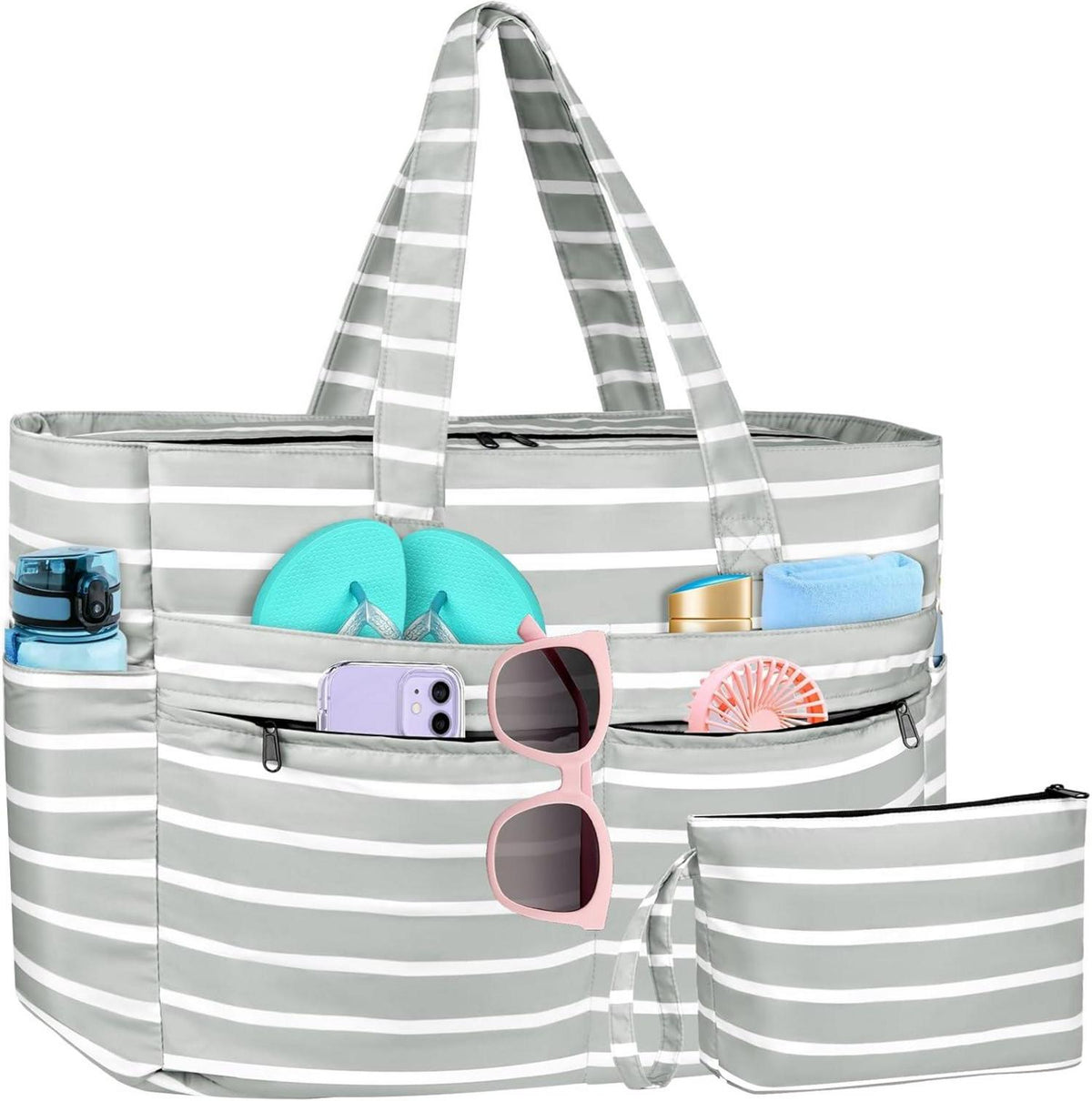 Wasserdichte XXL Strandtasche mit Streifendesign & 13 Taschen