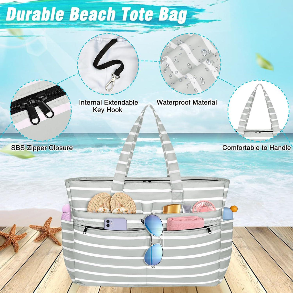 Wasserdichte Strandtasche XXL mit Reißverschluss und 13