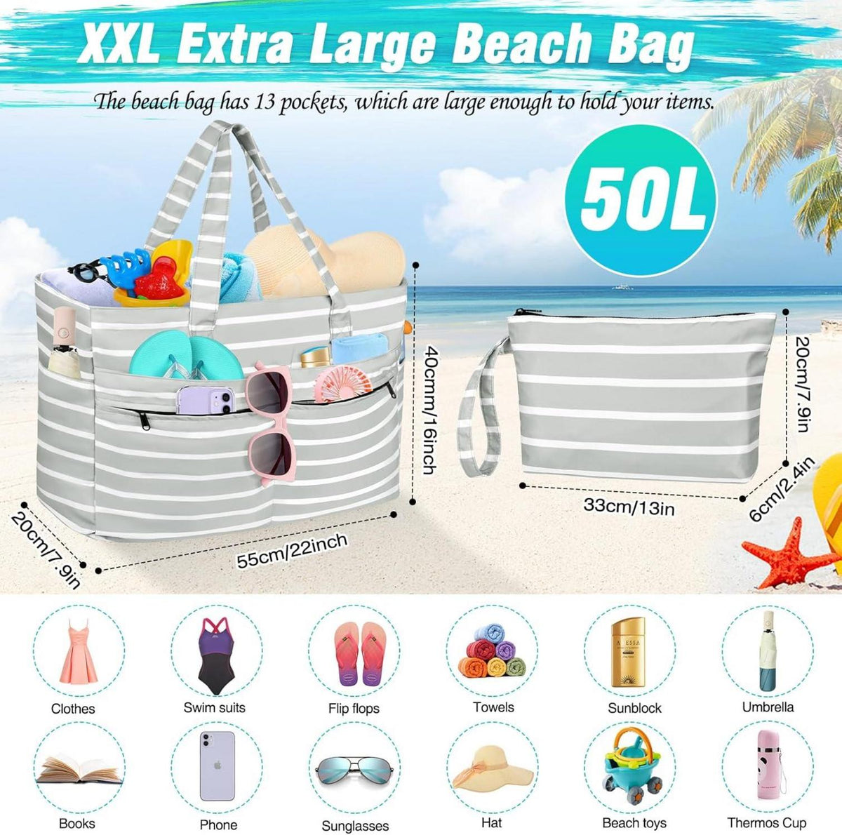 WACCET XXL Strandtasche Familie Wasserdicht mit Reißverschluss, Faltbar für Strand, Reisen, Urlaub