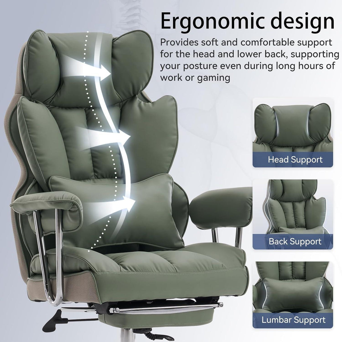 Ergonomischer Bürostuhl mit Fußstütze und Lendenwirbelstütze, Hellgrün