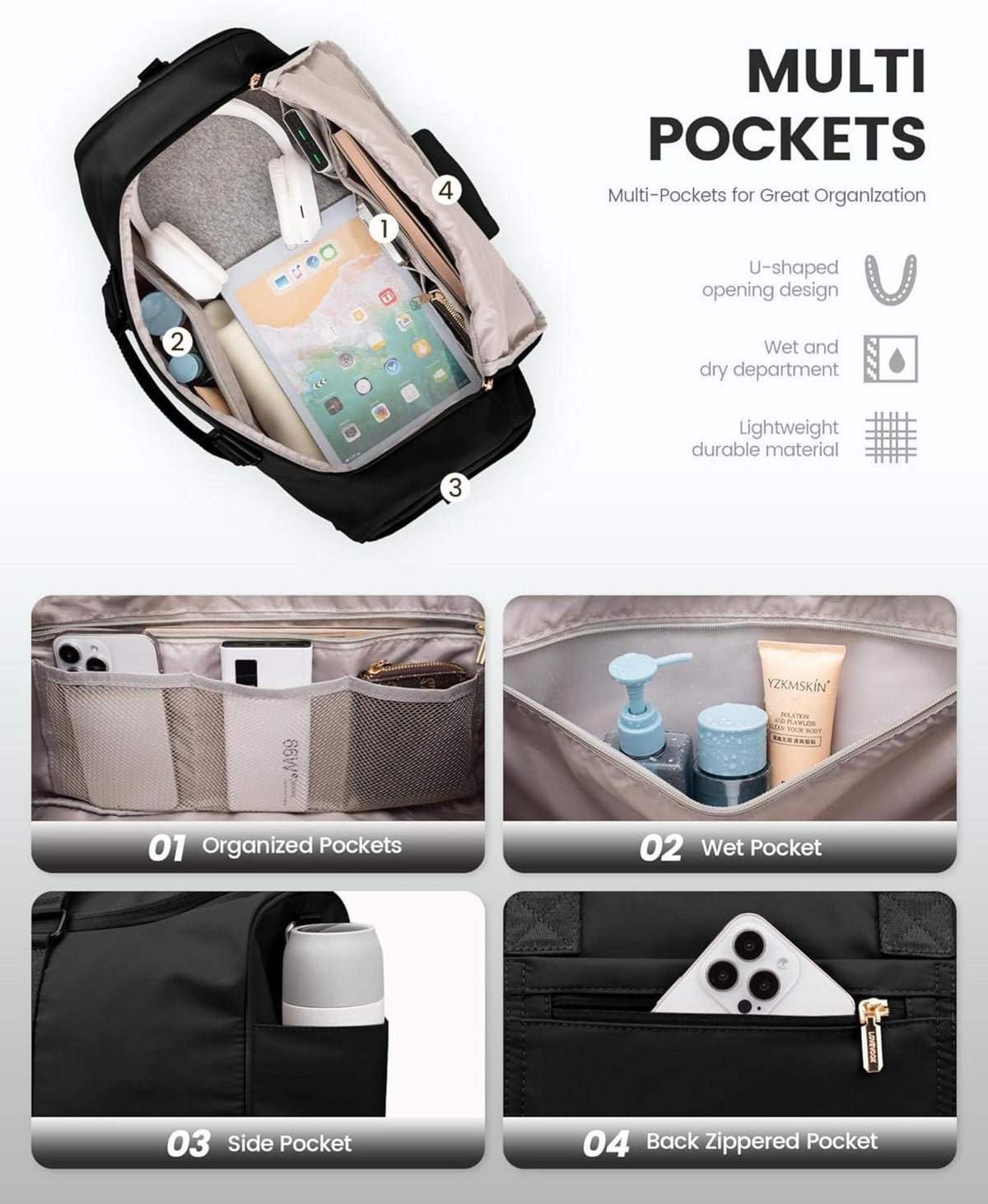 Sporttasche LOVEVOOK Damen Weekender Reisetasche 40L Schwarz