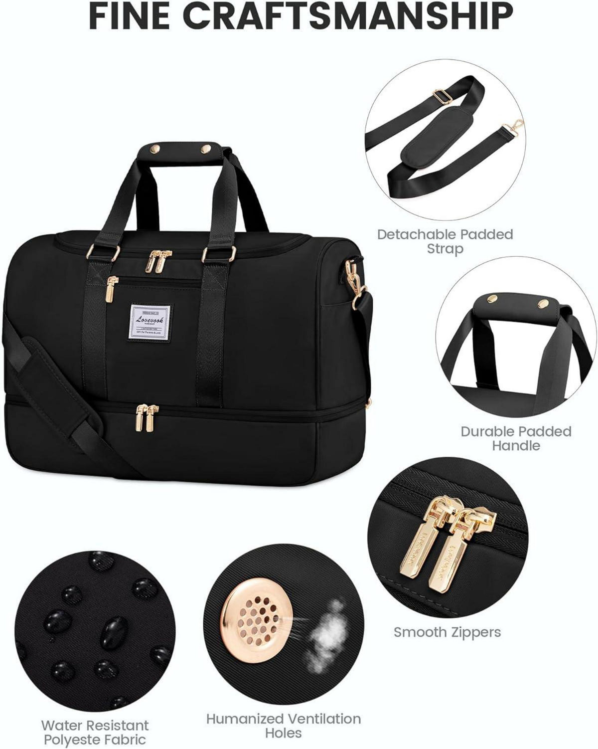 Schwarze Sporttasche mit Schuhfach und Nassfach, wasserdicht, Damen Weekender