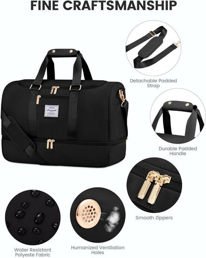 Schwarze Sporttasche mit Schuhfach und Nassfach, wasserdicht, Damen Weekender