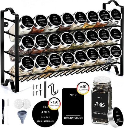 Gewürzregal 3-stufig Metallregal mit 24 Gewürzgläsern 120ml