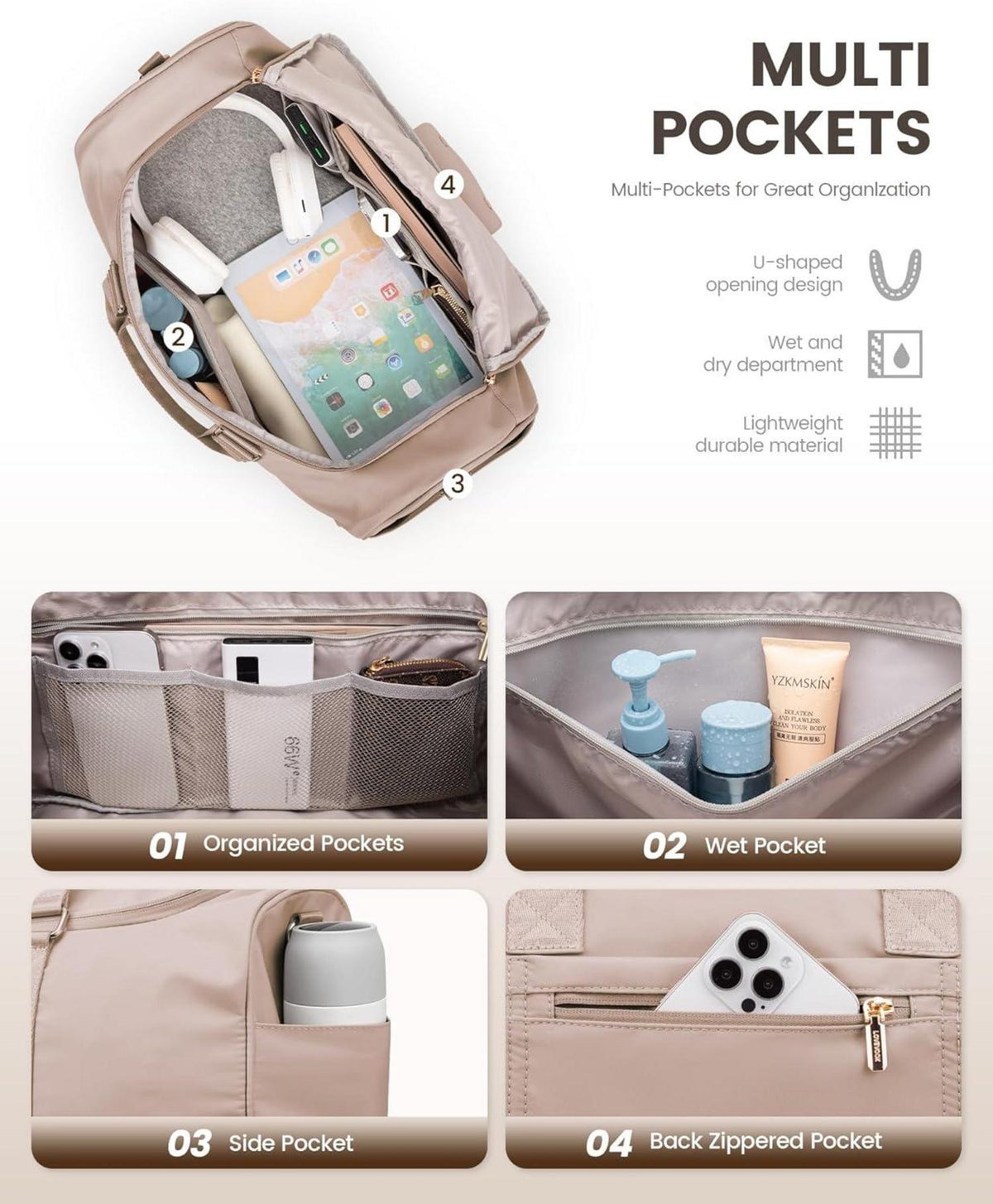 Sporttasche Damen LOVEVOOK Strandtasche Wasserdicht Sandfarben