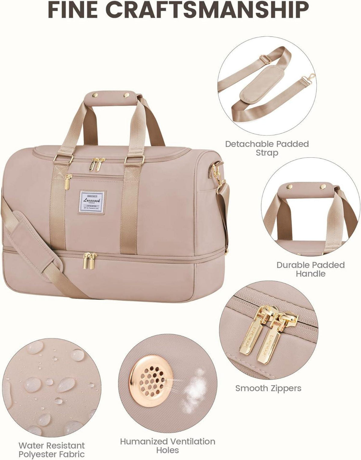 LOVEVOOK Sporttasche Damen, 40L Reisetasche Wasserdicht Sandfarben