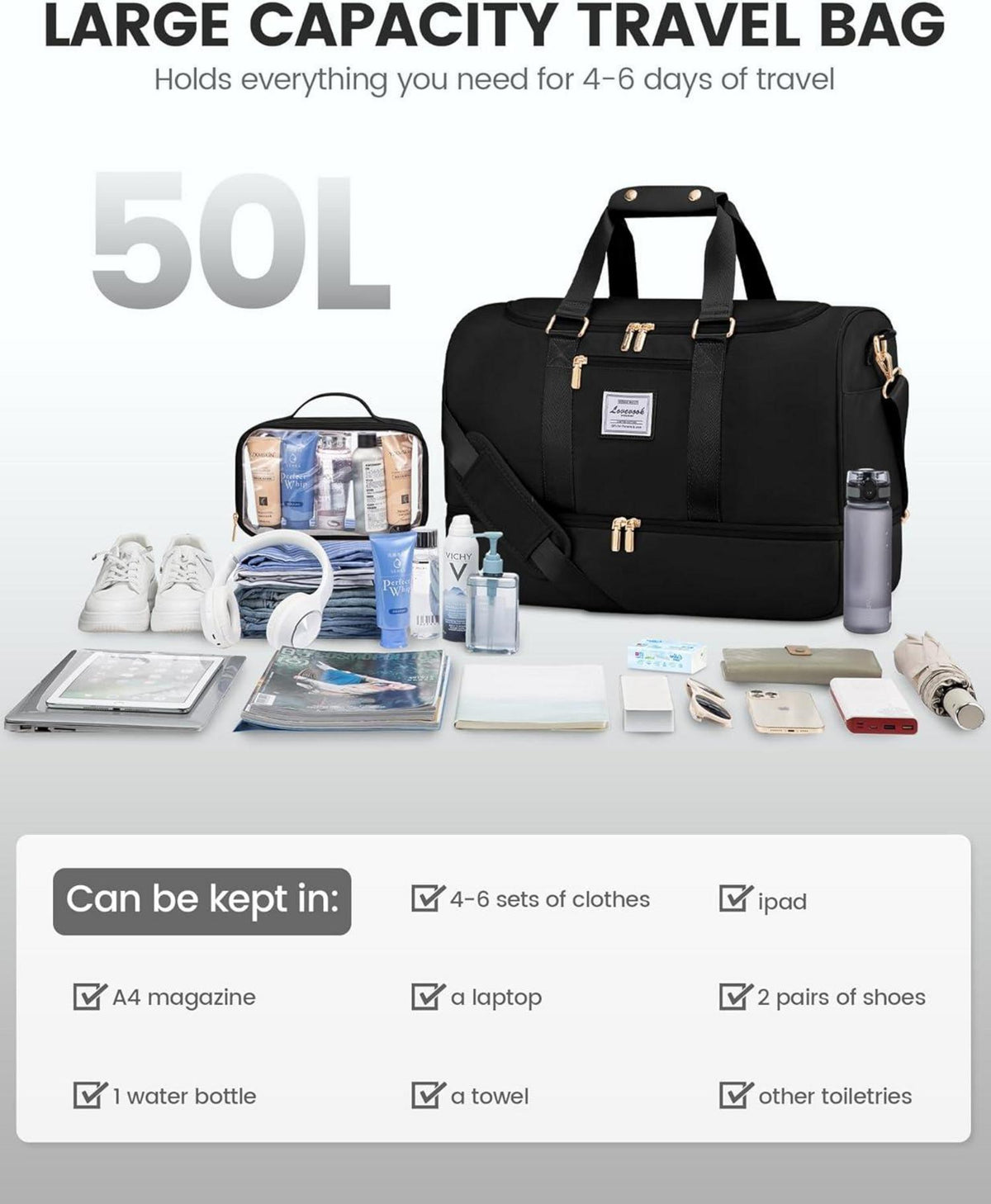 Große 50L Sporttasche Damen Reisetasche Weekender Schwarz