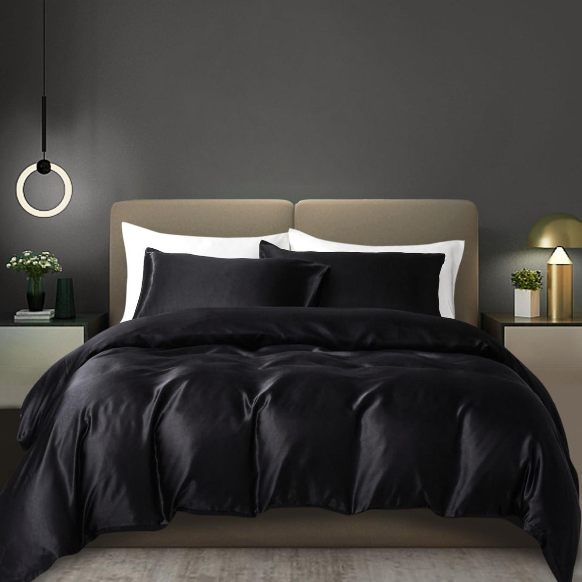 Satin Bettwäsche Set 135x200 cm Schwarz 4-teilig Luxus