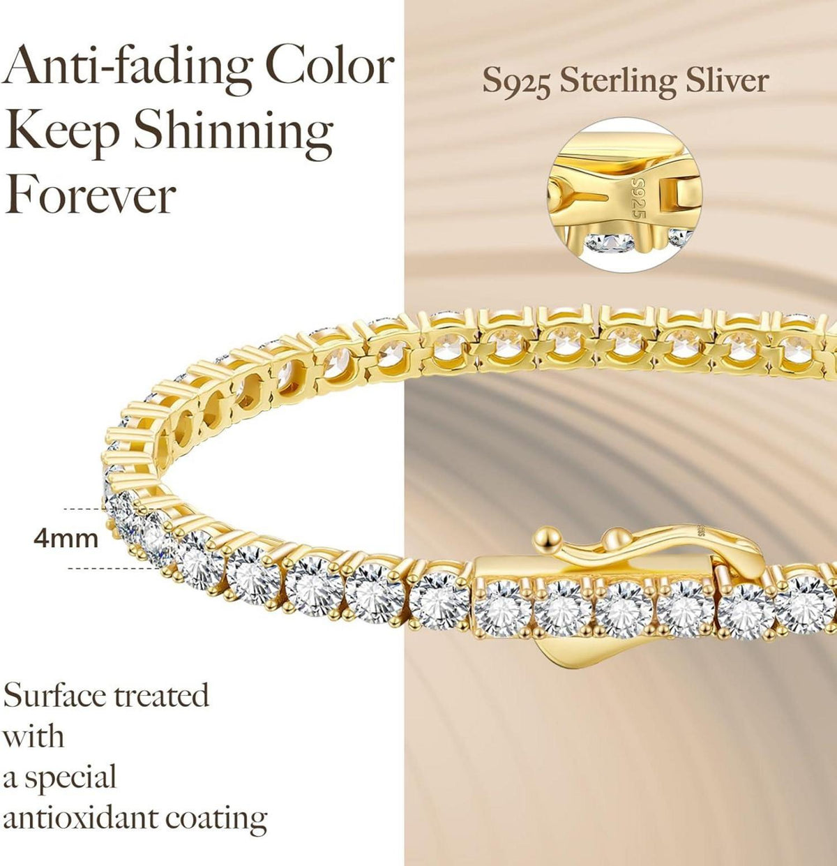 Zirkonia Tennisarmband Silber 925 Kristall Armband 4mm Gold