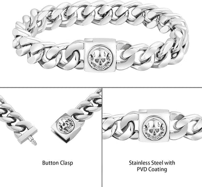 Herren Cuban Armband mit Löwe/Totenkopf Verschluss, 18K Gold beschichtet, breite dicke Edelstahl 20.3cm Silber