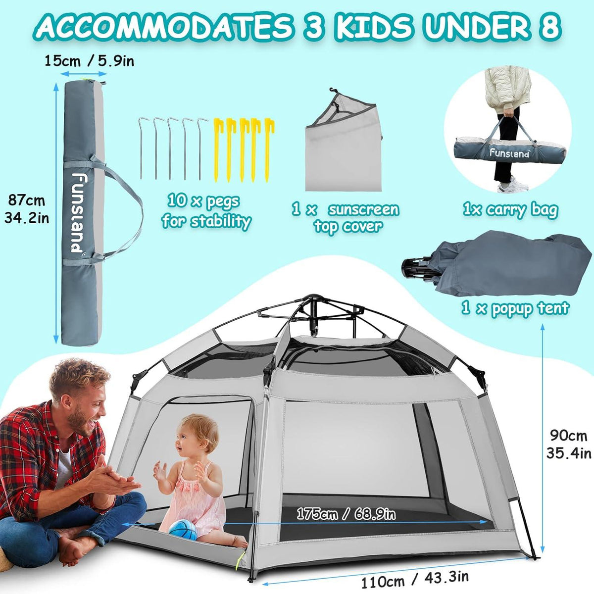 Kinder Spielzelt Automatisches Pop Up 2-3 Personen Campingzelt Grau