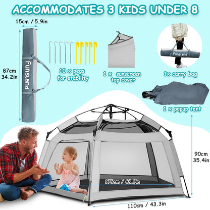 Kinder Spielzelt Automatisches Pop Up 2-3 Personen Campingzelt Grau