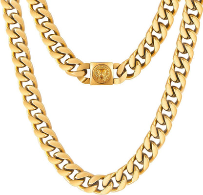 Herren Panzerkette mit Löwe Kopf Verschluss, 18K Gold Cuban Link Chain